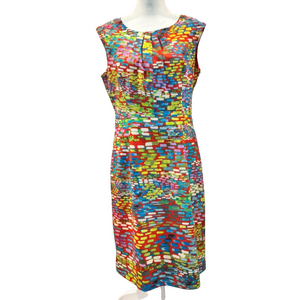 Ellen Tracy Sleeveless dress, vibrant multi colors w/abstract print , Size 8
